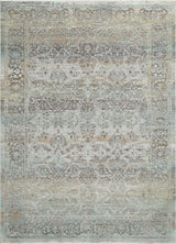 Transitional area rug with ornate medallion distressed pattern in beige and muted blue