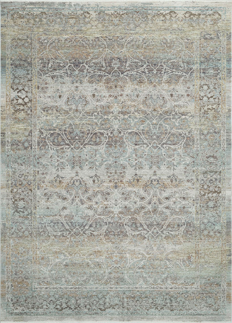 Transitional area rug with ornate medallion distressed pattern in beige and muted blue