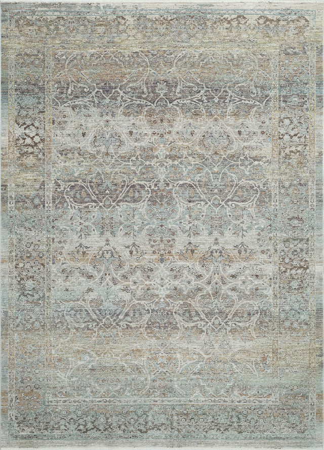 Transitional area rug with ornate medallion distressed pattern in beige and muted blue