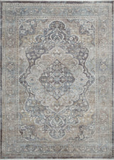 Transitional rug, grey and beige, ornate distressed medallion pattern, rectangle