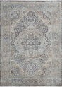Transitional rug, grey and beige, ornate distressed medallion pattern, rectangle