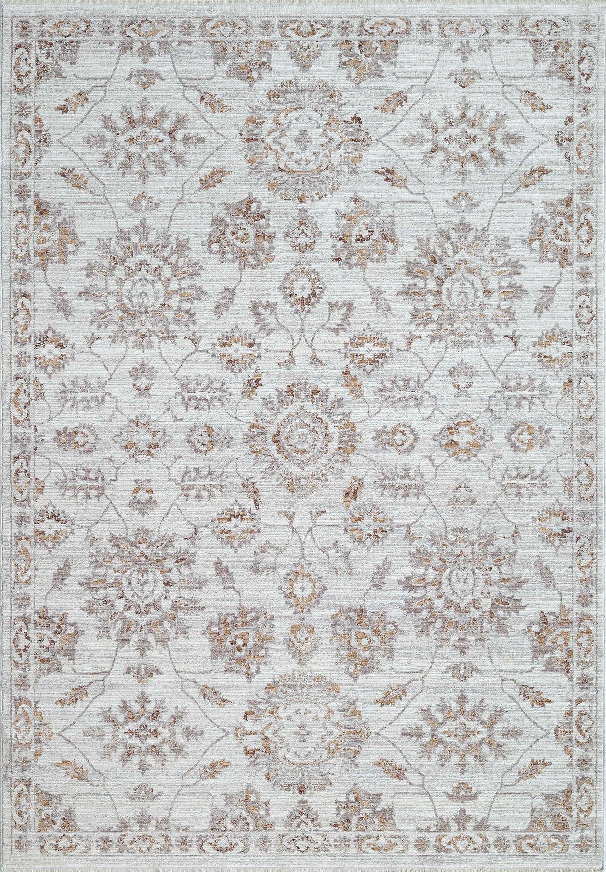 Traditional silver-toned area rug with ornate medallion and border pattern, light grey