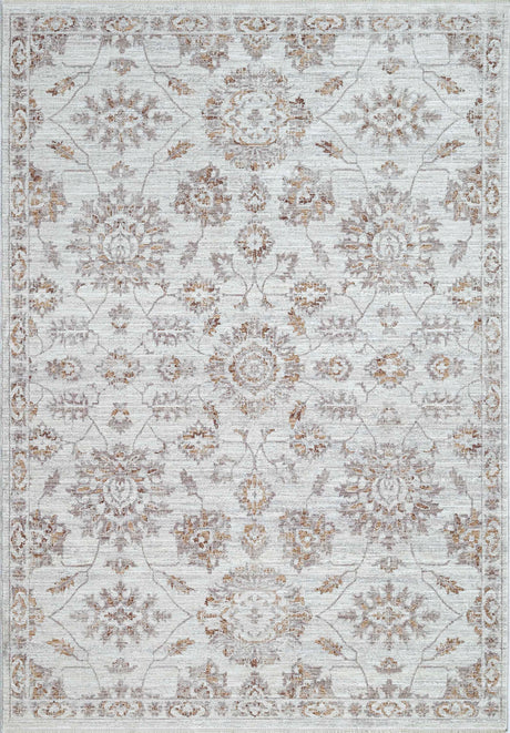 Traditional silver-toned area rug with ornate medallion and border pattern, light grey