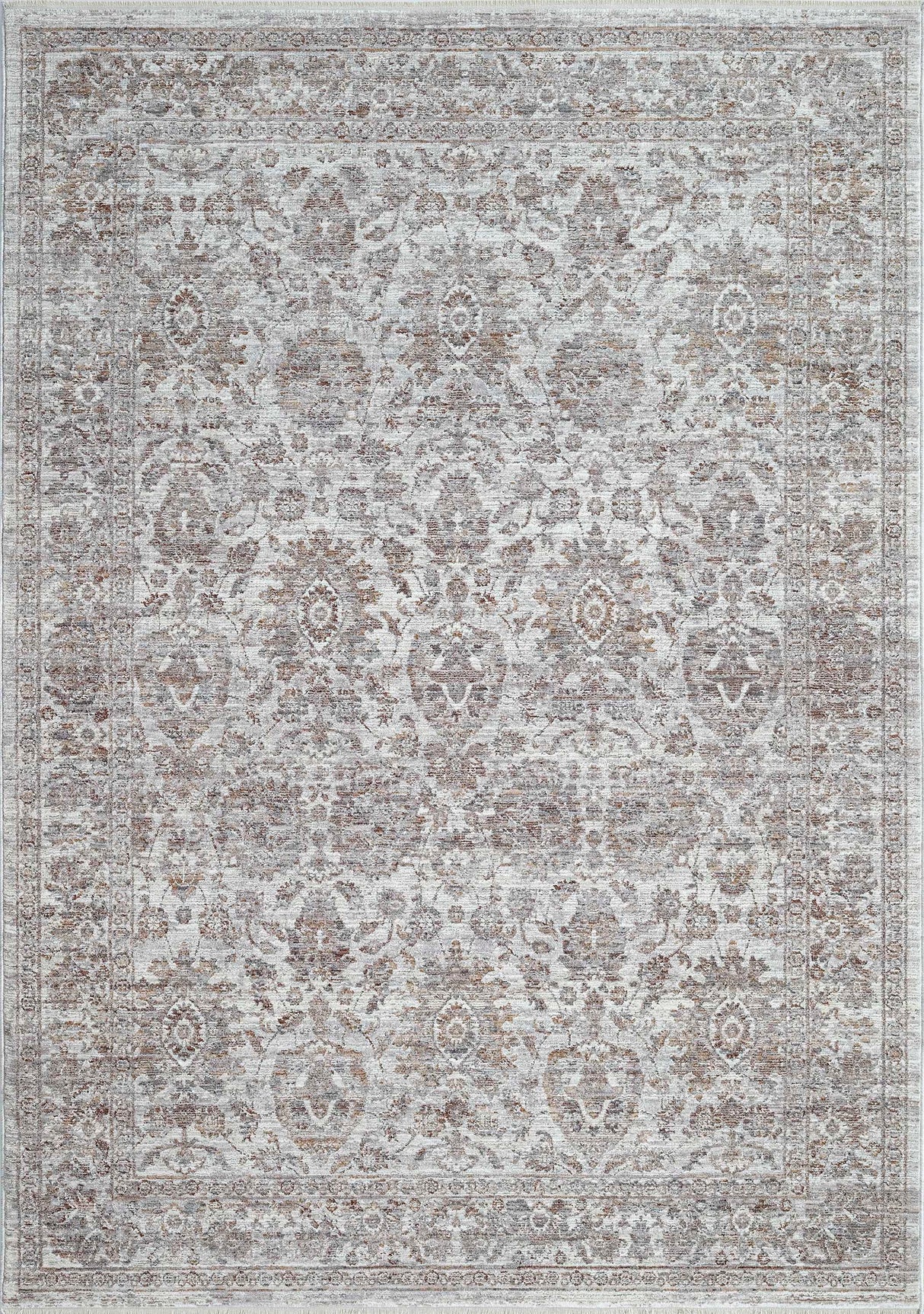 Traditional area rug with ornate medallion pattern, light silver gray with rust and multi accents