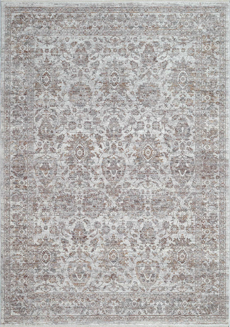 Traditional area rug with ornate medallion pattern, light silver gray with rust and multi accents