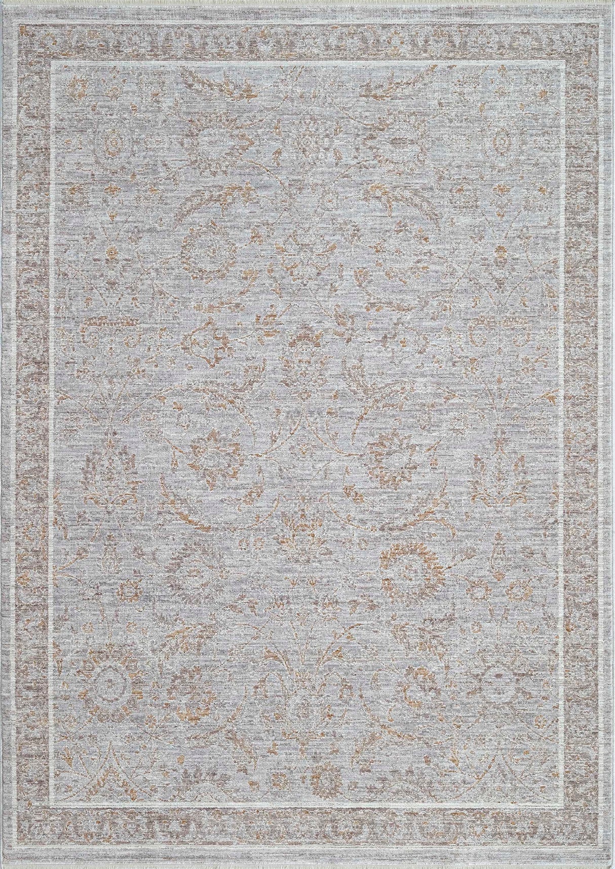 Rectangular traditional power-loomed rug with silver, rust, and multicolor pattern border