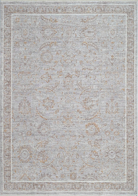 Rectangular traditional power-loomed rug with silver, rust, and multicolor pattern border
