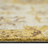 Textured pile of floral area rug with beige base and gold-brown pattern
