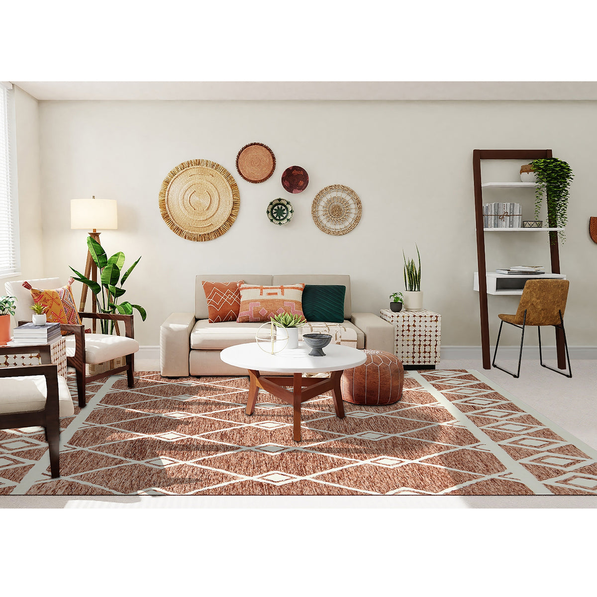 Rectangle rust geometric hand-hooked area rug with cream lattice pattern