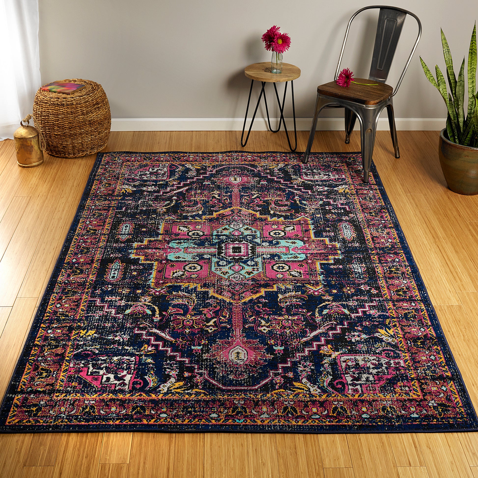 Kaleen Zuma Beach Zum01-22 Navy, Pink, Gold, Turquoise, Gray, Plum, Black Area Rug