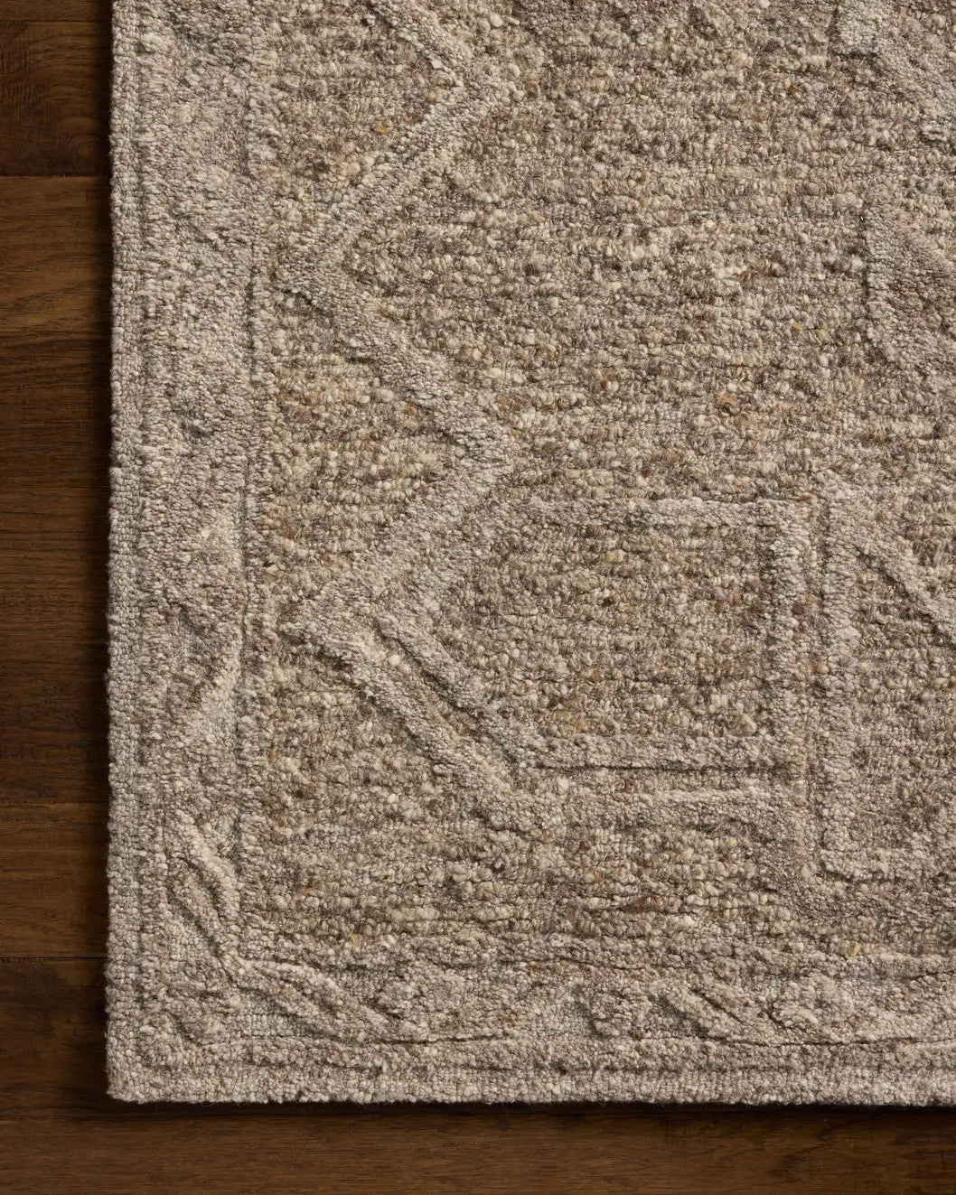 Loloi Mabel MBL-01 Traditional Hand Tufted Bark, Graphite Rug - corner on wood