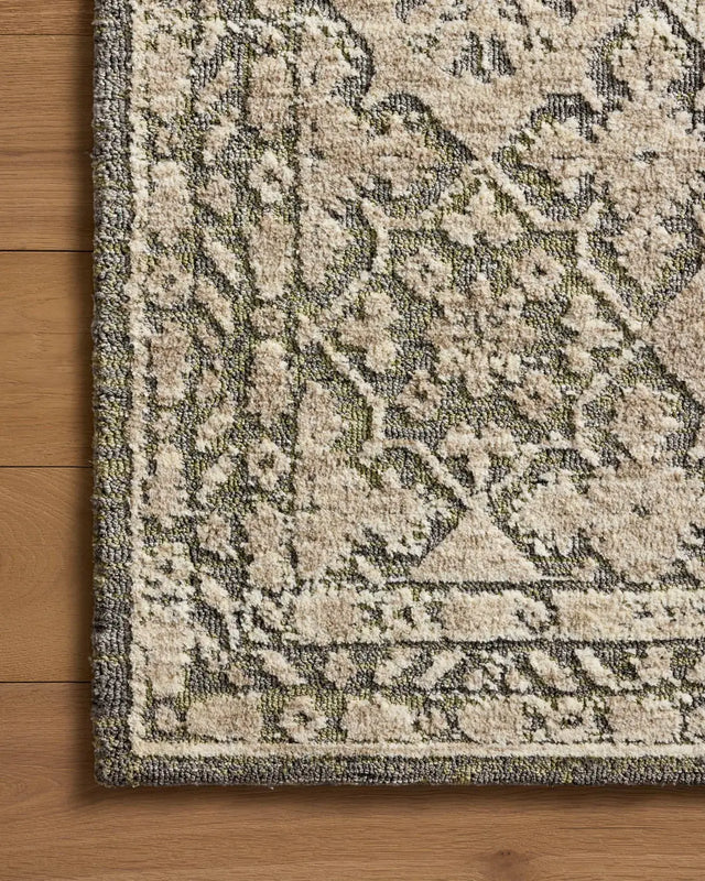 Loloi Percival PCV-07 Sage / Stone Rug - corner on wood