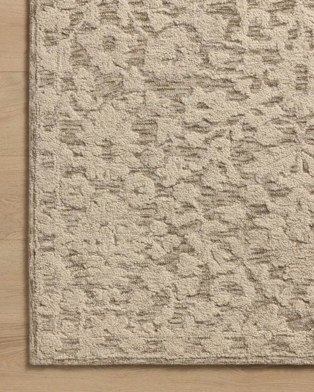 Loloi Prudence PRU-01 Stone / Ivory Hand Tufted Rug - corner on wood