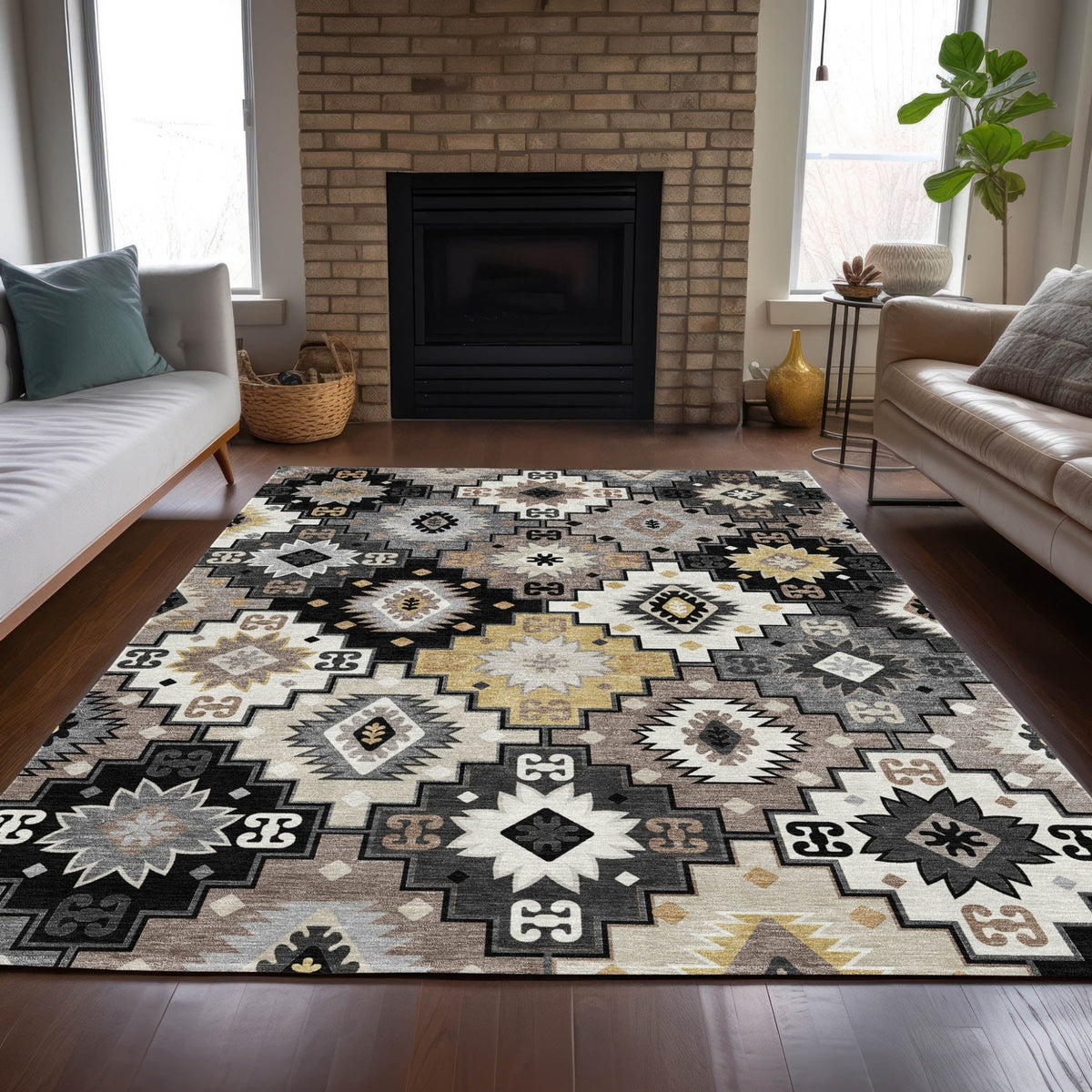 Addison Chantille ACN2123 Ethnic Machine Made Transitional Black Rug