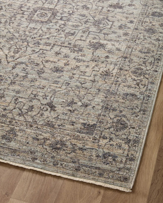 Loloi Sorrento Sor-01 Mist/Charcoal Rug - angled corner on wood