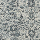 Close-up of light blue floral area rug with dense dark motif detailing