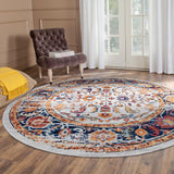 Round ivory area rug with multicolor vintage medallion and floral border trim.