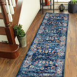 Rectangular navy distressed area rug with ornate border and patterned center