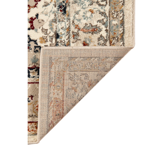 Ivory multi-color bordered area rug with corner detail and flat woven edge