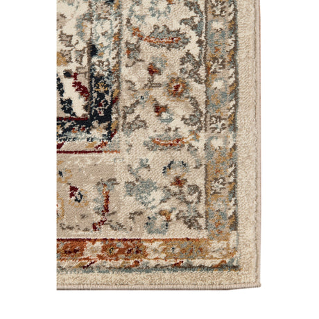 Ivory multi-color area rug with patterned border and neatly finished edge