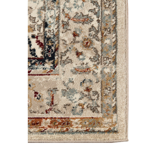 Ivory multi-color area rug with patterned border and neatly finished edge