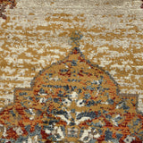 Close-up of beige, rust, and blue distressed medallion area rug texture and pattern detail.
