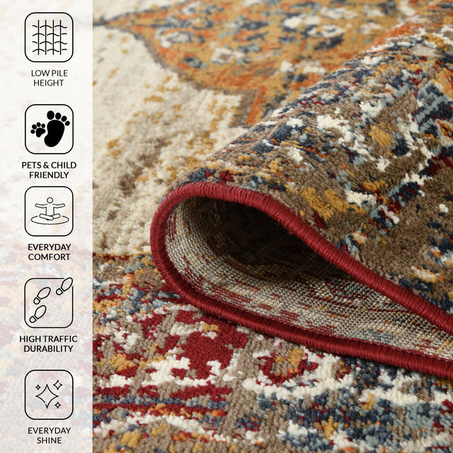 Low-pile beige area rug with red bound edge and multicolor distressed medallion pattern.