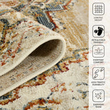 Rectangle area rug rolled edge showing low pile texture; beige with blue and rust designs