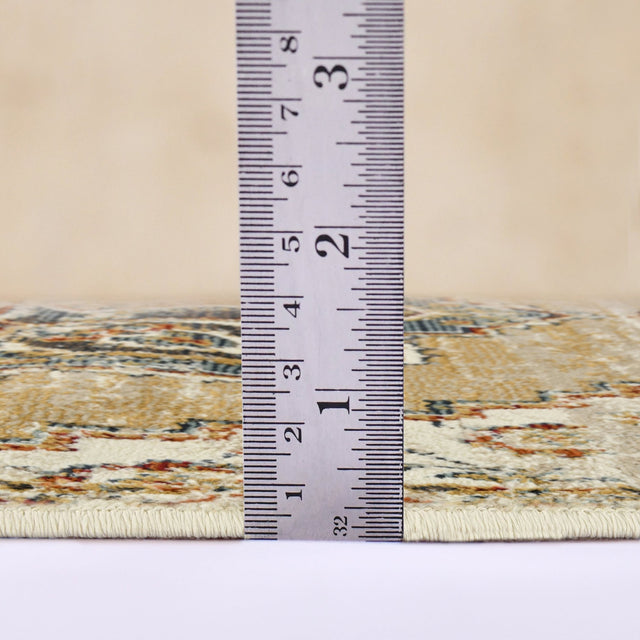 Low pile rectangle area rug with beige and multicolor pattern, edge measurement