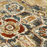 Rectangle area rug close-up of detailed scrollwork in beige, blue, and rust