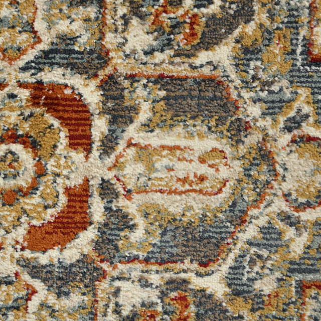 Rectangle area rug close-up of multicolor distressed pattern in beige, blue, and brown