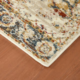 Rectangle area rug with beige background and ornate medallion pattern in blue and rust