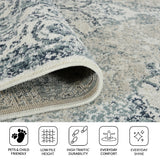 Ivory and blue area rug edge with low, textured pile and bound trim