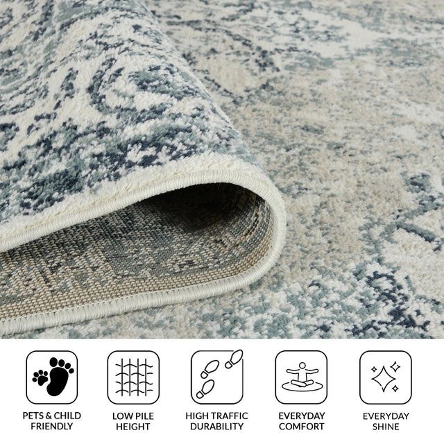 Ivory and blue area rug edge with low, textured pile and bound trim
