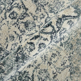 Blue and ivory area rug close-up texture with distressed floral medallion