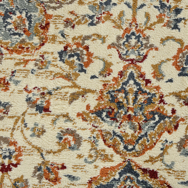 Ivory area rug close-up with medallion filigree, navy, rust, and blue details