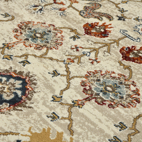 Beige oriental area rug with navy, red, and gold floral medallion pattern