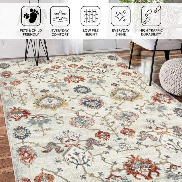 Beige oriental area rug with multicolor floral and vine design in a room setting