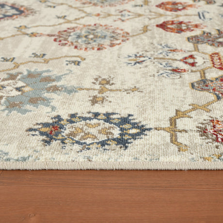 Beige oriental area rug textured weave with multicolor geometric vine details