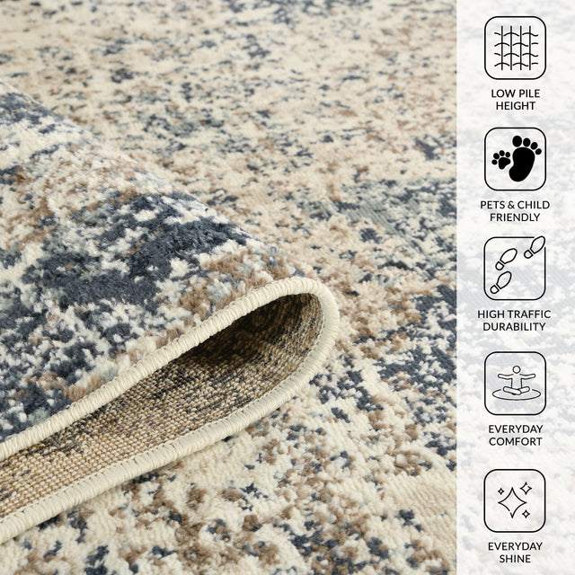 Rolled edge of low-pile area rug with durability and pet-friendly icons