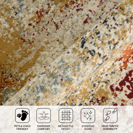 Textured rug pile close-up in ivory with orange, blue, and rust speckled finish