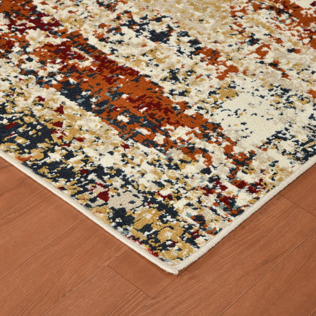 Rectangle area rug with ivory base and orange geometric distress, angled corner