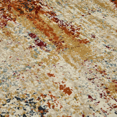 Wide view of rectangular rug with ivory ground and warm rust-orange stripe motif