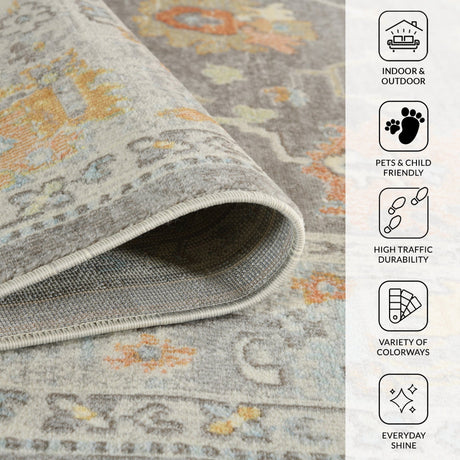 Taupe rug corner detail with bound edge and multicolor pattern, indoor-outdoor style.