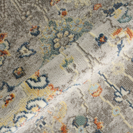 Gray bohemian floral rug pattern detail with small multicolor icons and lines
