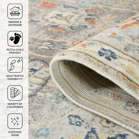 Gray bohemian floral area rug with rolled edge, durability and indoor-outdoor icons