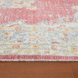 Rug surface and border edge with short textured pile and multicolor medallion motifs