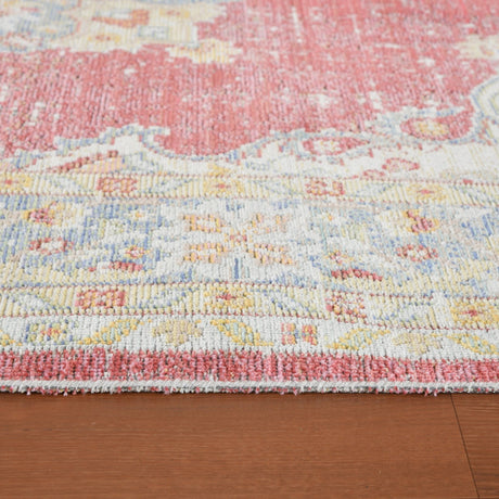 Rug surface and border edge with short textured pile and multicolor medallion motifs