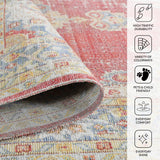 Rolled medallion rug showing textured weave and stitched edge in cream, red, and blue