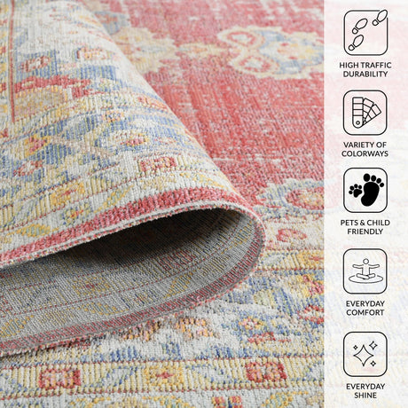 Rolled medallion rug showing textured weave and stitched edge in cream, red, and blue